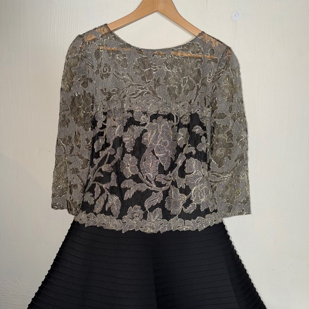 Tadashi Shoji Black Gold Metallic Floral Lace Tiered Cocktail Dress Womens Sz 12